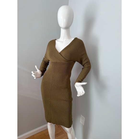 Commense Ribbed Knit Midi Dress Long Sleeve V Neck Olive Career Casual‎ size XS - Picture 11 of 14
